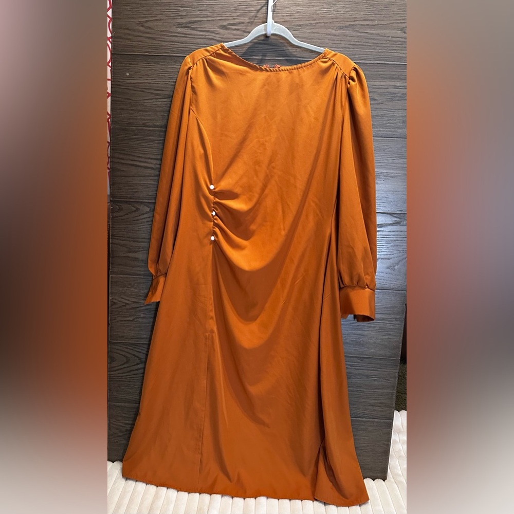SHEIN Rust Orange Long Sleeve Midi Dress with Side Button Detail